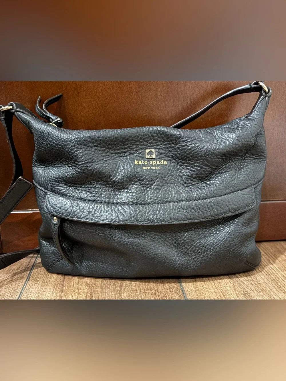kate spade Black Pebbled Leather Shoulder Bag with Gold Logo